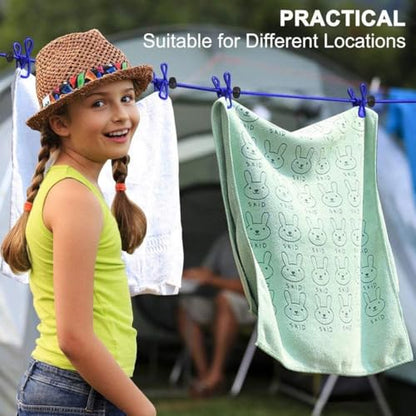 Retractable Clothesline with 12 Clips for Travel, Indoor & Outdoor Use（Blue） - color: Blue
