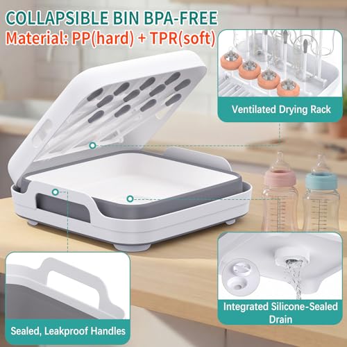 Yecuip Collapsible Baby Bottle Wash Basin w/Drying Rack & Drain Plug, Gray - color: Gray