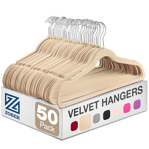 Zober Velvet Hangers 50 Pack - Ivory for Coats, Pants & Dress Clothes - Non Slip w/ 360 Degree Swivel, Holds up to 10 lbs - Strong Felt Hangers for Clothing - color: Ivory, size: 50 Pack