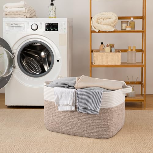 65L Large Woven Blanket Basket for Living Room, 19.7"x15.7"x11.8" - color: Brown & White, size: 19.7"x15.7"x11.8"