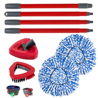 Spin Mop Handle Replacement for Ocedar, Mop Heads Replacements Compatible with RinseClean 2 Tank System,Include 2 Microfiber Mop Replace Heads,4 Section 30-58" Iron Mop Handle,1 Base and 1 Scrub Brush - size: 2 Tank