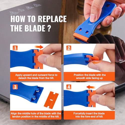 VEVOR 2PCS Razor Blade Scraper,Plastic Scraper Tool with 120PCS Plastic Blades,Cleaning Scraper Remover for Stickers,Decals,Adhesive,Labels,Paint from Glass, Car,Window,Caulk,No Scratches,Blue - style: Plastic blades