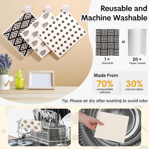 Lucomb 10 Pack Swedish Dish Cloths Reusable for Kitchen, Super Absorbent Kitchen Dishcloth Decorative, Quick Drying Cleaning Cloths Replace Paper Towels for Washing Dishes - color: 10 Pack-geometry Prints+ Clips