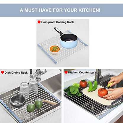 MECHEER Over The Sink Dish Drying Rack, Roll Up Dish Drying Rack Kitchen Dish Rack Stainless Steel Sink Drying Rack, Foldable Dish Drainer, Gray (20.4''x13.7'') - size: 20.4''x13.7''