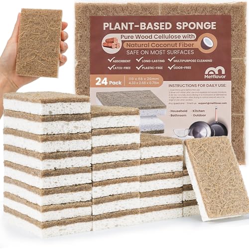 Metflavor Kitchen Sponges, 24 Count, Natural Sponge with Coconut Scrubber - color: Brown, size: 24 Pack