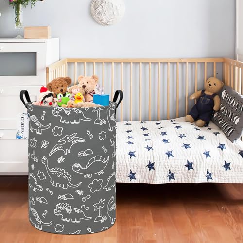 Round Dinosaur Laundry Hamper, Cotton Canvas Teen Room Storage Bin - color: Round Gray Line Dinosaur