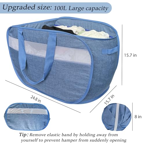 100L Mesh Pop Up Laundry Hampers with Handles, Extra Large Collapsible Laundry Baskets 2 Pack, Portable Travel Laundry Basket, Dirty Clothes Hamper Light Breathable, Bule. 2H - color: Green & Green