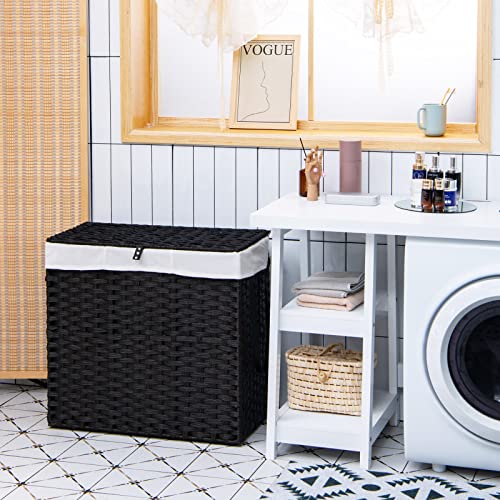 GOFLAME Laundry Hamper with Lid and Wheels, 125L Hand Woven Rattan Laundry Basket with 3 Divided Sections, Handles, 2 Removable and Washable Liner Bags, Dirty Clothes Hamper for Bedroom (Black)