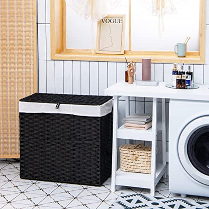 GOFLAME Laundry Hamper with Lid and Wheels, 125L Hand Woven Rattan Laundry Basket with 3 Divided Sections, Handles, 2 Removable and Washable Liner Bags, Dirty Clothes Hamper for Bedroom (Black)