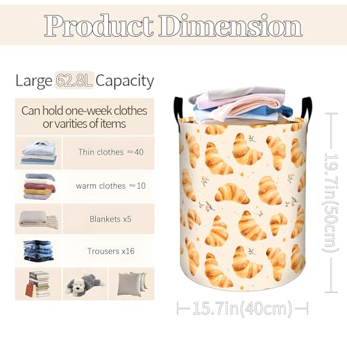Delicious Croissant Pattern Laundry Basket 19.7"x15.7", Collapsible Dirty Clothes Waterproof Food Laundry Hamper Organizer Toy Storage Bin for Dorm Nursery Bathroom Decor - style: Croissant01