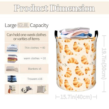 Delicious Croissant Pattern Laundry Basket 19.7"x15.7", Collapsible Dirty Clothes Waterproof Food Laundry Hamper Organizer Toy Storage Bin for Dorm Nursery Bathroom Decor - style: Croissant01