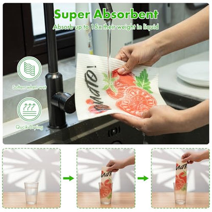 Swedish Dishcloths for Kitchen, 6 Pack Vegetable Swedish Dish Towels with Clips, Reusable Paper Towels Washable Non-Scratch Super Absorbent Cellulose Sponge Cloths, Biodegradable No Odor - color: Vegetable