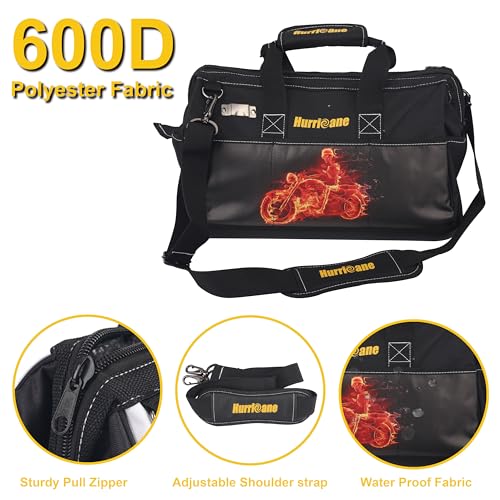Hurricane 16 Inch Wide Mouth Tool Bag Motorcycle theme 21 Pockets Large Inner Space Water Proof Base Tape Measure Holder with Extra Shoulder Strap - color: Motorcycle theme