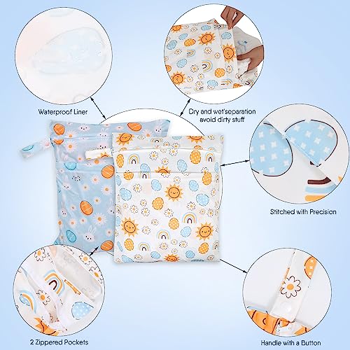 2pcs Travel Waterproof Laundry Bag, Cloth Diaper Wet Dry Bags with Handle 2 Zipper Pockets Washable Dirty Clothes Travelling Hanging Bathing Beach Daycare Yoga Gym Sports Exercise Swimsuits - color: Cartoon 3 White + Blue