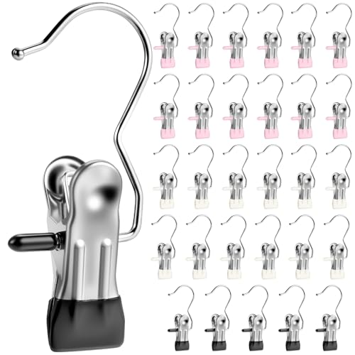 Senbowe 30 Pack Heavy Duty Clothes Pins, Boot Hangers for Closet, Laundry Hook Hanging Clips Clamps for Closet Organizer Pants Hats Socks Towels Clips, Clothespins Hanger for Travel Handbag Legging - color: Black,beige White,pink
