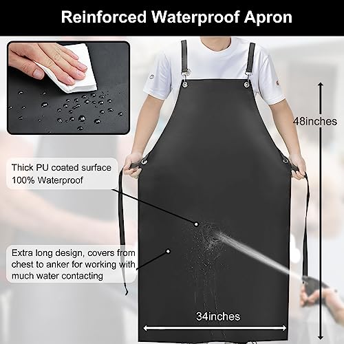 SHEOMERN Waterproof Rubber Apron, 48" XL Anti-Tear Heavy Duty Vinyl Adjustable Thicker Cross Back for Restaurant Dishwashing, Butcher, Lab Work, Dog Grooming - Black - color: Black-xl