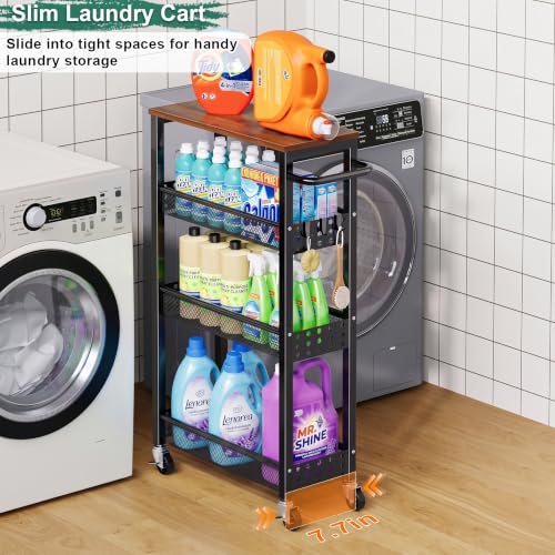 Laundry Room Slim Rolling Cart with Wheels for Between Washer and Dryer Gap - color: Classic Black, size: 7.1″ Wide