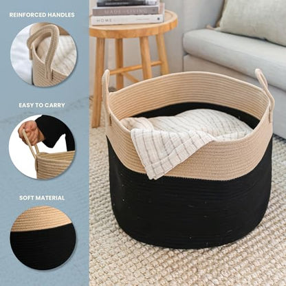 OrganiHaus Round Toy Basket & Blanket Basket, Cotton Rope 20x13" - color: Black / Honey, size: Wide