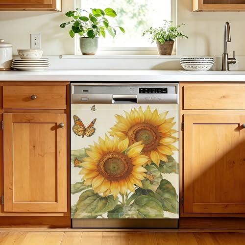 Retro Sunflower Butterfly Dishwasher Sticker Cover, 23 x 26 Inch Magnetic Appliance Panel for Dishwasher, Reusable Waterproof Kitchen Decor for Refrigerator Door - color: Retro Sunflower Butterfly