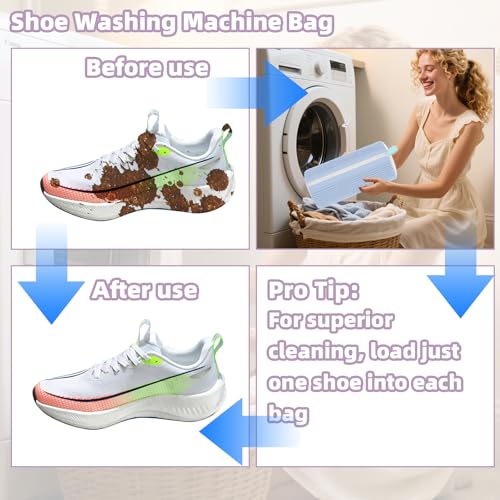 Shoe Washing Machine Bag Shoe Laundry Bags for Sneakers Reusable 2pc Shoes Cleaning Bags 360° Deep Clean for All Shoes Types With Invisible Zipper - color: Light Blue 2pcs