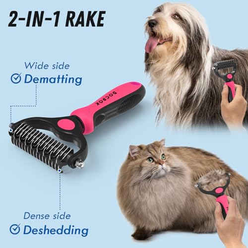 Docrok Pet Grooming Brush and Metal Comb Combo for Dogs & Cats, Pink - color: Pink