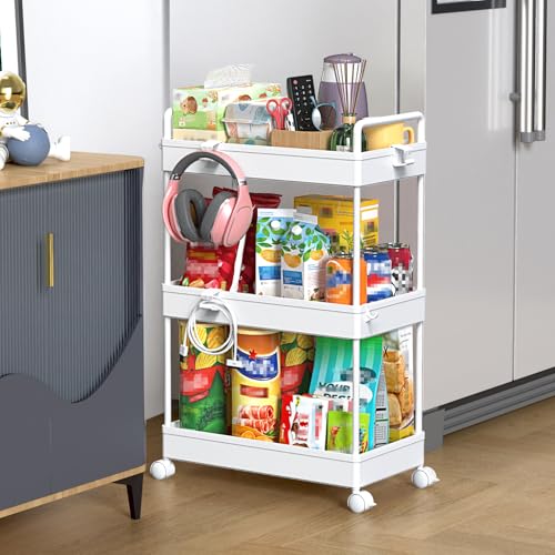 SOLEJAZZ 3 Tier Slim Rolling Storage Cart Organizer with Wheels, White - color: White, size: 3-Tier, 8.66"D