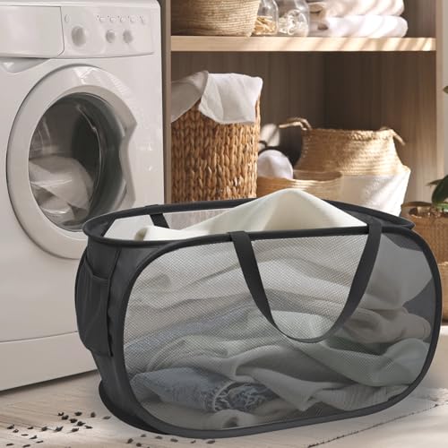 Collapsible Laundry Hamper Basket,Pop Up Mesh Foldable Bag for Laundry Room - color: Black