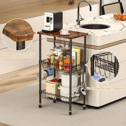 Homeiju Rolling Kitchen Storage Cart, 3-Tier Storage Rack on Caster Wheels with Adjustable 2 Baskets, Coffee Station Cart Rack Shelf Organizer for Living Room Office, Balcony, Rustic Brown/Black