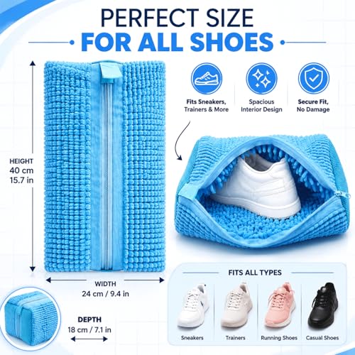 Shoe Washing Machine Bag, 2 PCS Reusable Shoe Cleaning Bag for Washer & Dryer, 360° Mesh Washing Machine Shoe Bag with Zipper Protection, Durable Sneaker Laundry Bag for Tennis Shoes & More (Blue)