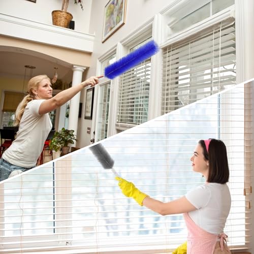 2 Pcs Cobweb Duster, Bendable Fan Cleaner Brushes Set Reusable, Plastic Microfiber Duster for Air Conditioning Shutters,Ceiling Fan, Blades, Curtains,Air Vents(Blue，Gray)