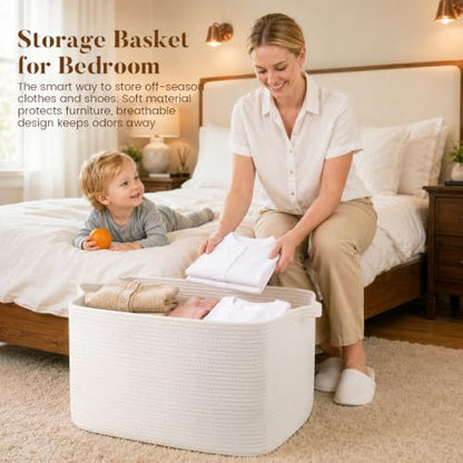 65L Large Woven Blanket Basket for Living Room, 19.7"x15.7"x11.8" - color: White, size: 19.7"x15.7"x11.8"