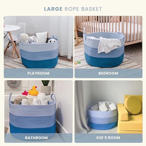 OrganiHaus Round Toy Basket & Blanket Basket, Cotton Rope 20x13" - color: 3-toned Blue, size: Wide