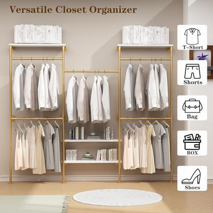 HOMEKAYT Industrial Pipe Clothes Rack with Shelves, Gold Clothing Rack Wall Mounted Heavy Duty Multi-Purpose Storage Clothes Hanging Shelf - 94.5''L Gold - color: gold, size: 94.5''L-B