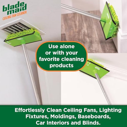 Blade Maid Ceiling Fan Blade Cleaner & Duster | Extendable Pole for High Ceilings, Moldings, Blinds, Walls & Cars, Corner Cleaning Tool, with Reusable Microfiber Pads | Size 3 feet (Pack of 1) - size: Blade Maid + Feather Duster