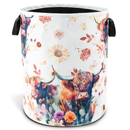 Highland Cow Floral Laundry Basket Foldable Waterproof 18.9 x 16.5 Inch - color: Beautiful Highland Cow