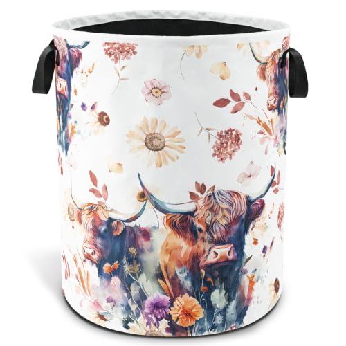 Highland Cow Floral Laundry Basket Foldable Waterproof 18.9 x 16.5 Inch - color: Beautiful Highland Cow