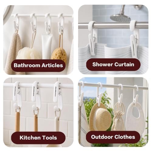 ZICO 10-Pack White 2-in-1 Clip Hooks, Multi-Functional Hook Clips with Secure Grip, No-Adhesive Reusable Hanger Clips for Towels, Socks, Shower Curtains, Kitchen Tools, Bathroom, Closet & Laundry