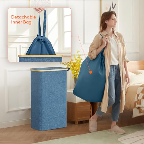 Lifewit 75L Slim Laundry Hamper with Lid and Removable Bag, Dark Blue - color: Dark Blue, size: 75L