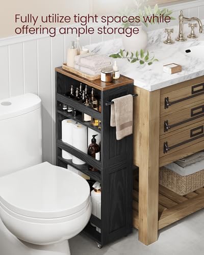 VASAGLE 4-Tier Slide-Out Storage Cart, Slim Kitchen Cart with Wheels - color: Ebony Black + Rustic Brown, size: 7.9"D