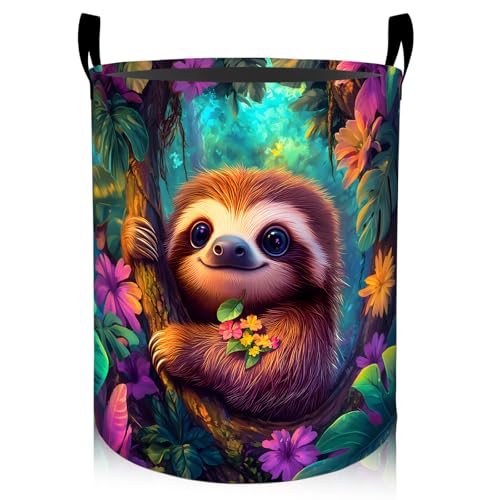 Cute Sloth Tropical Flowers Laundry Basket 19.7"x15.7", Collapsible Dirty Clothes Waterproof Animal Laundry Hamper Organizer Toy Storage Bin for Dorm Nursery Bathroom Decor - style: Sloth04