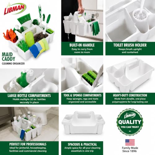 Tribello Libman Maid Caddy Cleaning Organizer, Heavy-Duty Janitorial Carry Caddy with Bottle Holders, Toilet Brush Holder & Tool Compartments, Commercial Cleaning Supply Tote (White) - color: White