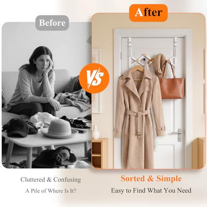FYY Over The Door Hooks - Door Hanger Towel Rack Organizer, Collapsible No Drill Holder, Heavy Duty Easy to Install, Pads and Wooden Knobs, No-Scratch for Bathroom Clothes Coat Travel, Fit 1-3/4"