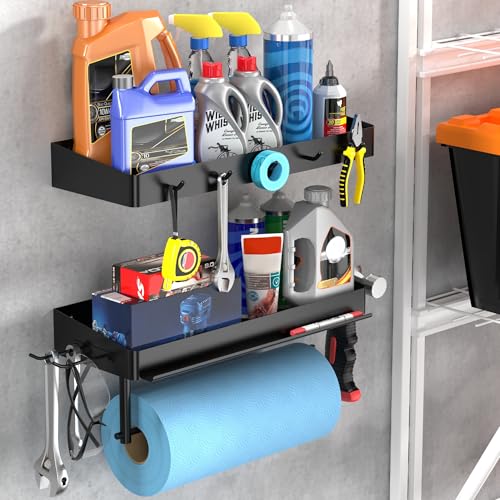 ZUNTO Pack of 2 Black Paper Towel Holder and Organizer Shelf for Garage, Wall Mounted Paper Roll Holder with Shelf and Hooks, Drilling Garage Organization and Storage - color: Black-garage 2pcs