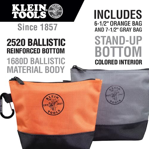 Klein Tools 55470 Utility Bag, Stand-Up Zipper Tool Bags, Tough 1680d Ballistic Weave, Reinforced Bottoms, Orange/Black, Gray/Black, 2-Pack - size: 2-Piece, style: 2-Piece