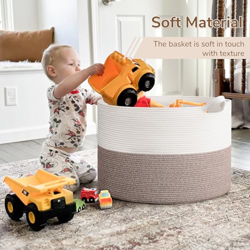 INDRESSME 115L Extra Large Woven Rope Blanket Basket Living Room, Brown - color: White & Brown, size: 23.6"D x 15.7"H