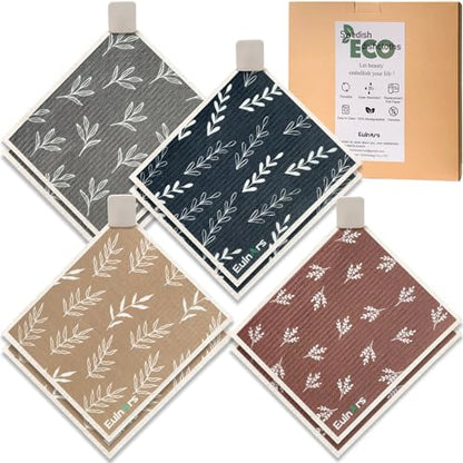 Eulnars Swedish Dishcloths, 8 Pack Reusable Paper Towels with Clips, Quick Drying Dish Towels, Super Absorbent Cellulose Sponge Cloths, No Odor, Kitchen Cleaning Essentials - color: Simple Leaf
