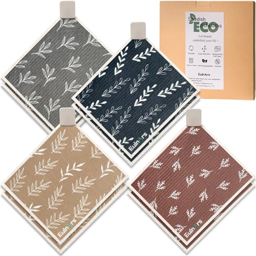 Eulnars Swedish Dishcloths, 8 Pack Reusable Paper Towels with Clips, Quick Drying Dish Towels, Super Absorbent Cellulose Sponge Cloths, No Odor, Kitchen Cleaning Essentials - color: Simple Leaf