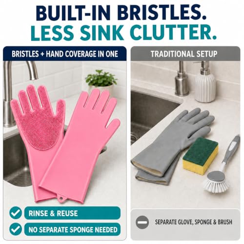 Silicone Dishwashing Gloves with Scrubber Bristles, Food-Grade Cleaning Mitts for Kitchen Dishes, Pet Grooming & Car Wash - color: Light Pink