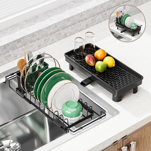 Expandable Over Sink Dish Rack, Small Dish Drying Rack with Drip Tray - color: Deepblack