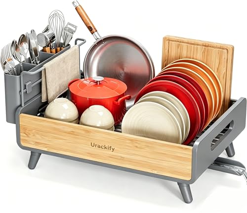 Urackify Modern Dish Rack for Kitchen Counter,Stainless Steel & Bamboo,Grey - color: Gray, size: 1 Tier